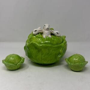Vintage Holland Mold Ceramic Covered Dish with Bunnies and Salt & Pepper set